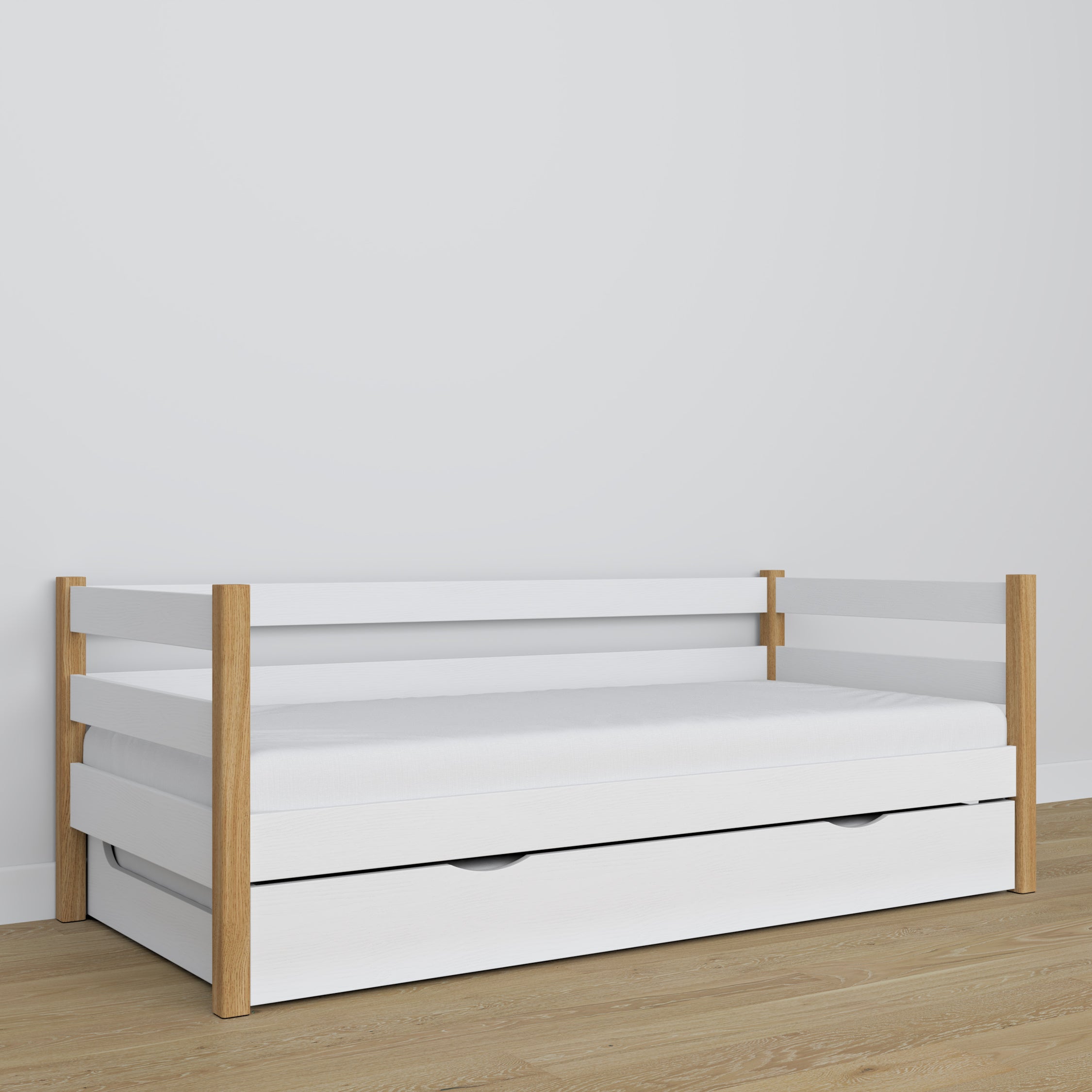 Letto divano bianco-quercia – dettaglio in legno, alta qualità Nizio