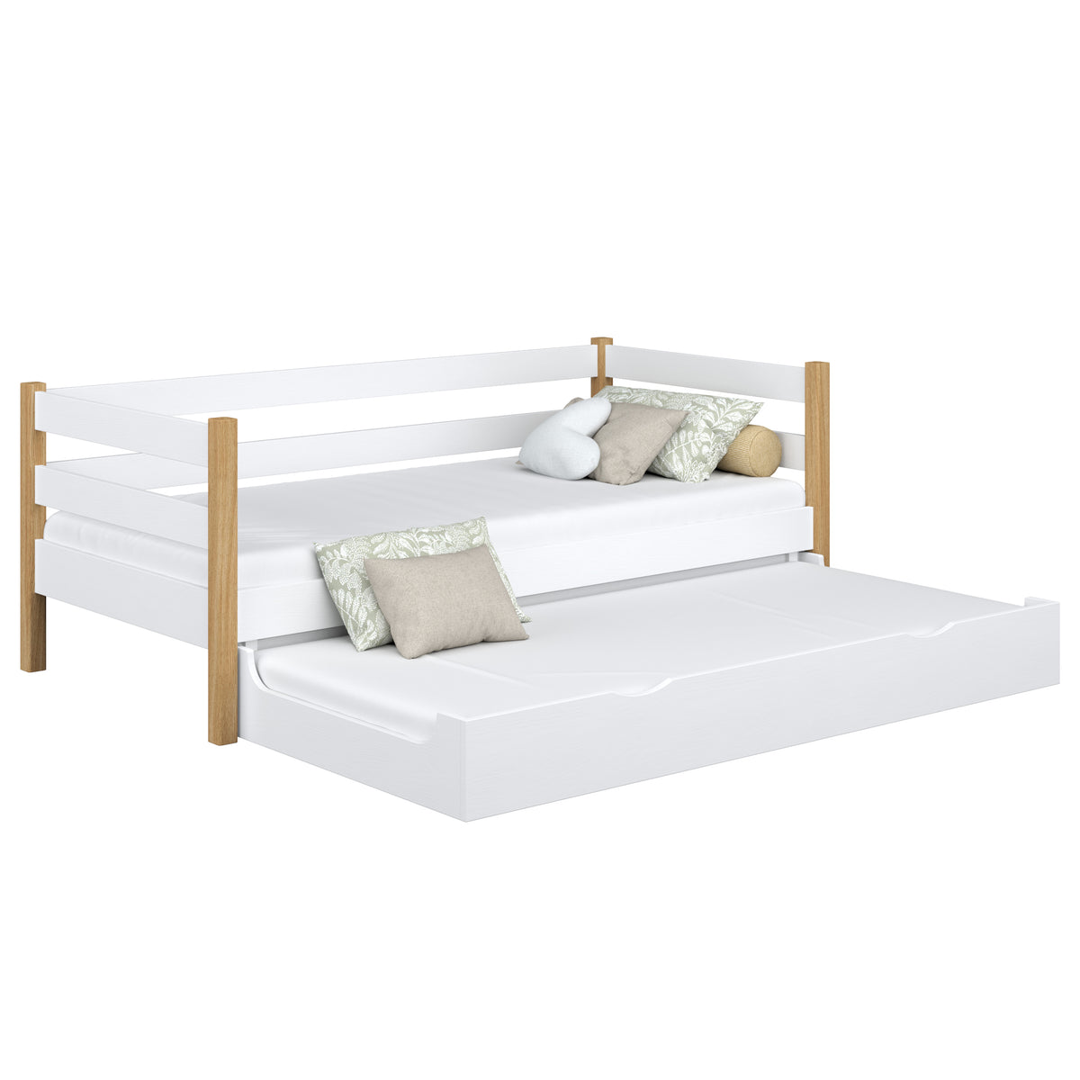 Letto divano con cassetto per materasso in legno bianco-quercia – stanza per bambini, scandi