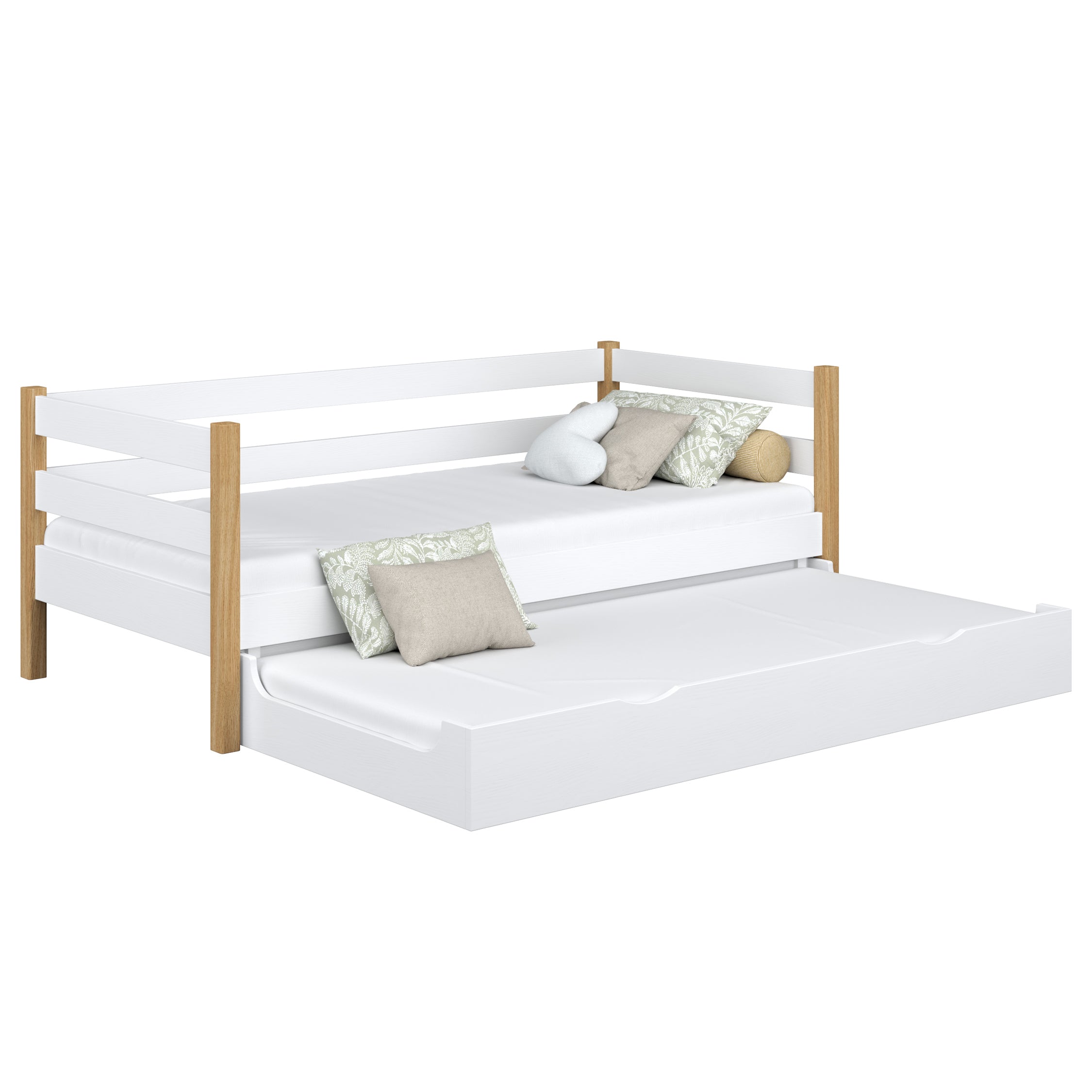 Letto divano con cassetto per materasso in legno bianco-quercia – stanza per bambini, scandi