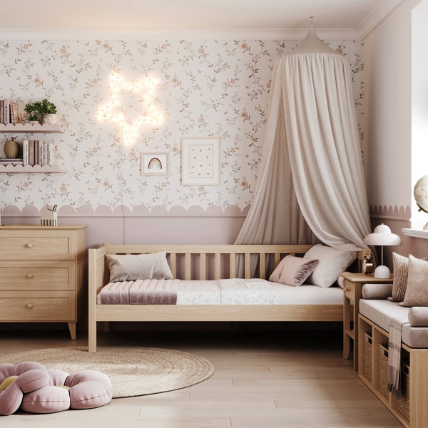 Łóżko sofa dąb naturalny – boczna bariera dębowe, bezpieczeństwo dla dzieci