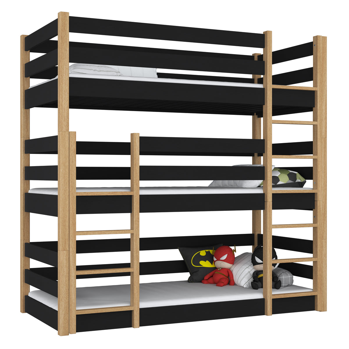 Letto 3-a castello in legno nero con quercia – trzy spazio per dormire, stanza per bambini scandi