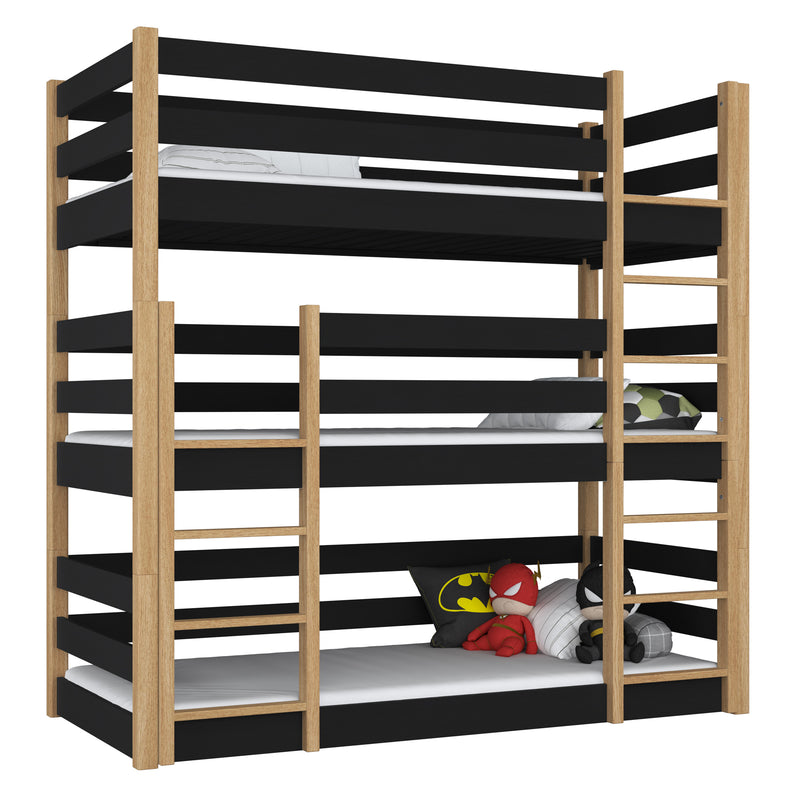 Letto 3-a castello in legno nero con quercia – trzy spazio per dormire, stanza per bambini scandi