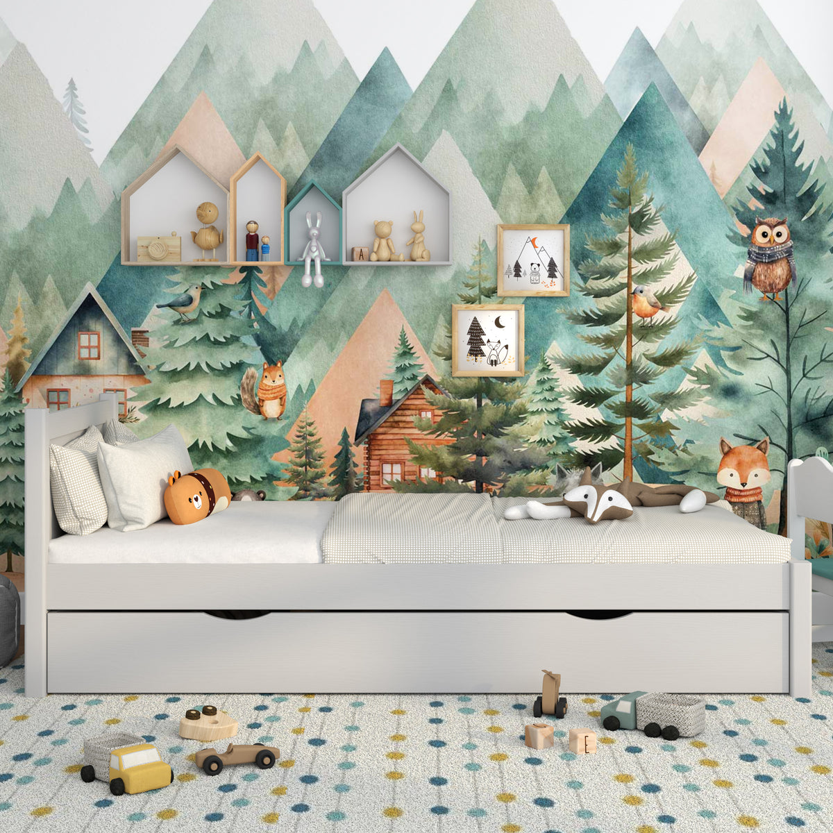 Letto grigio con cassetto – vista laterale, in legno, Nizio Home