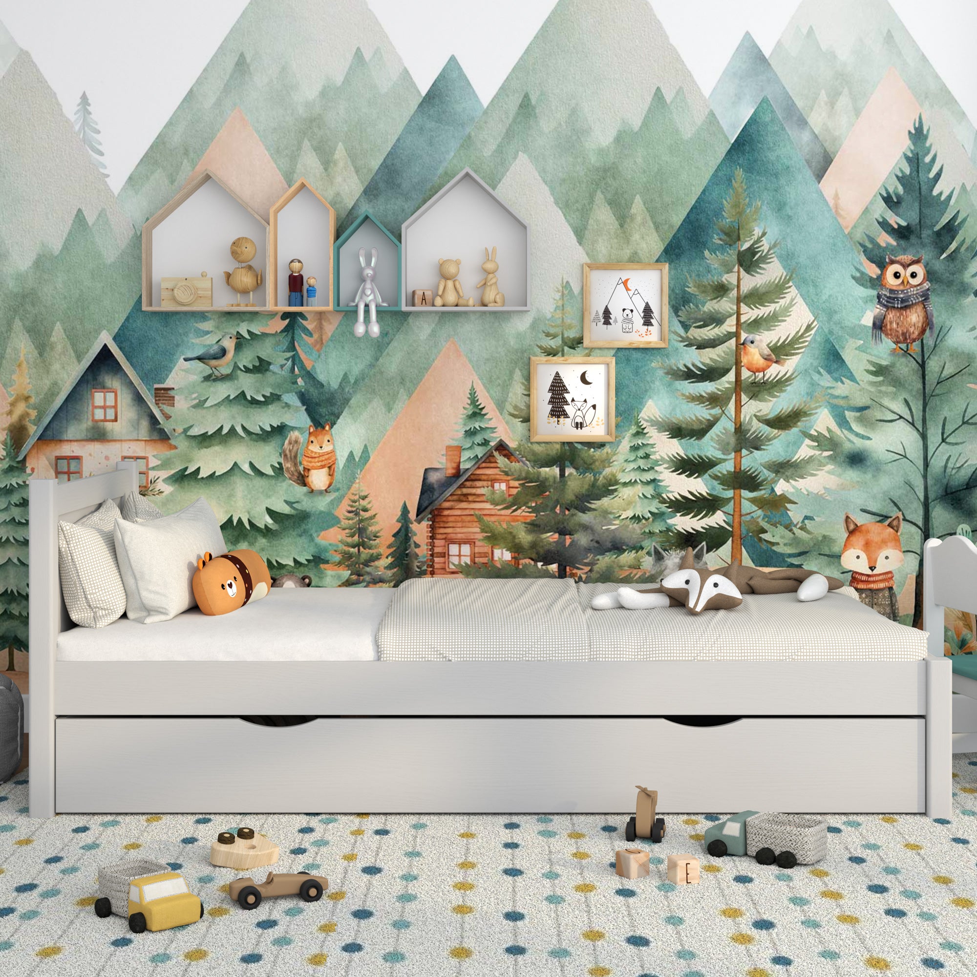 Letto grigio con cassetto – vista laterale, in legno, Nizio Home