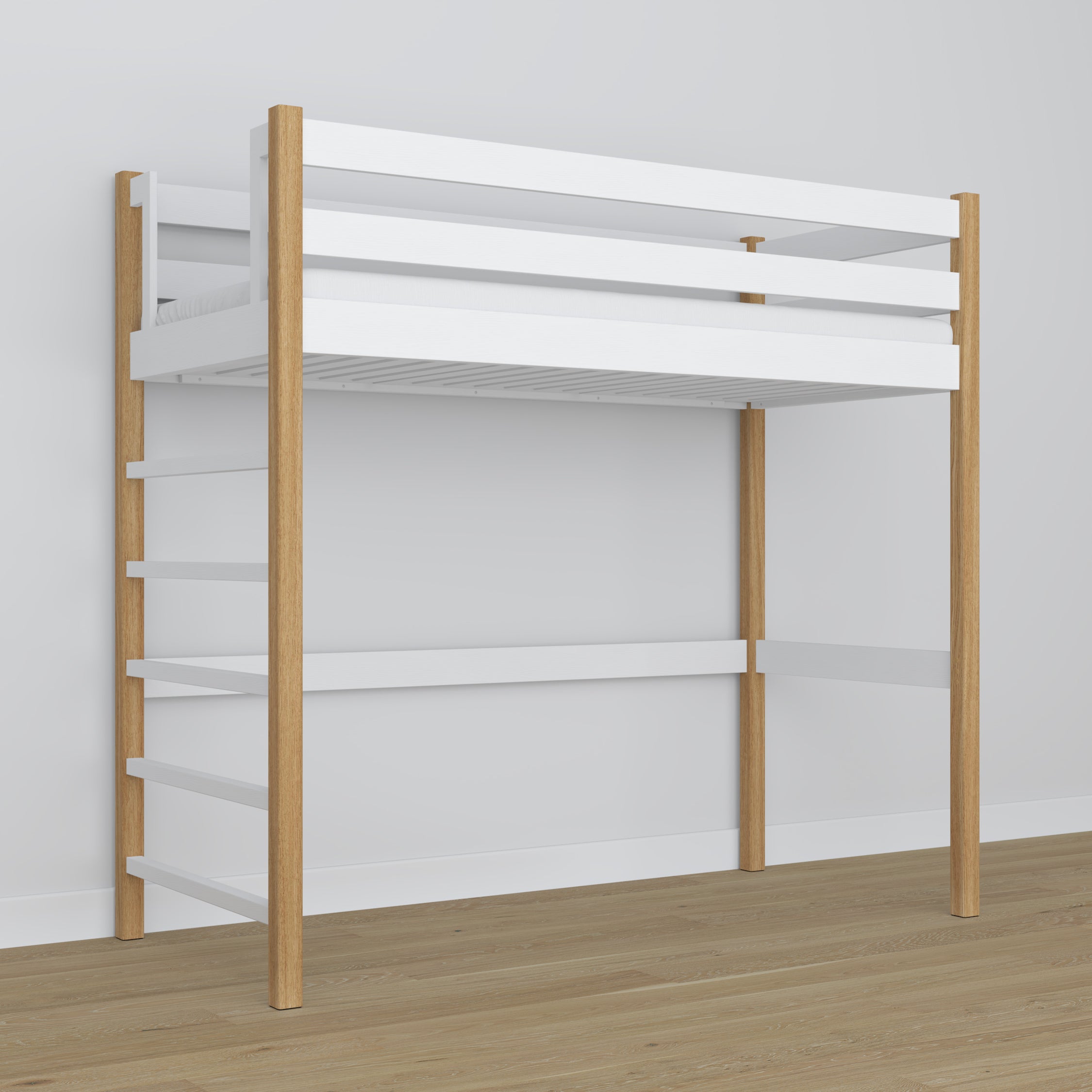Letto a soppalco in legno bianco-quercia – struttura con doghe, vista laterale