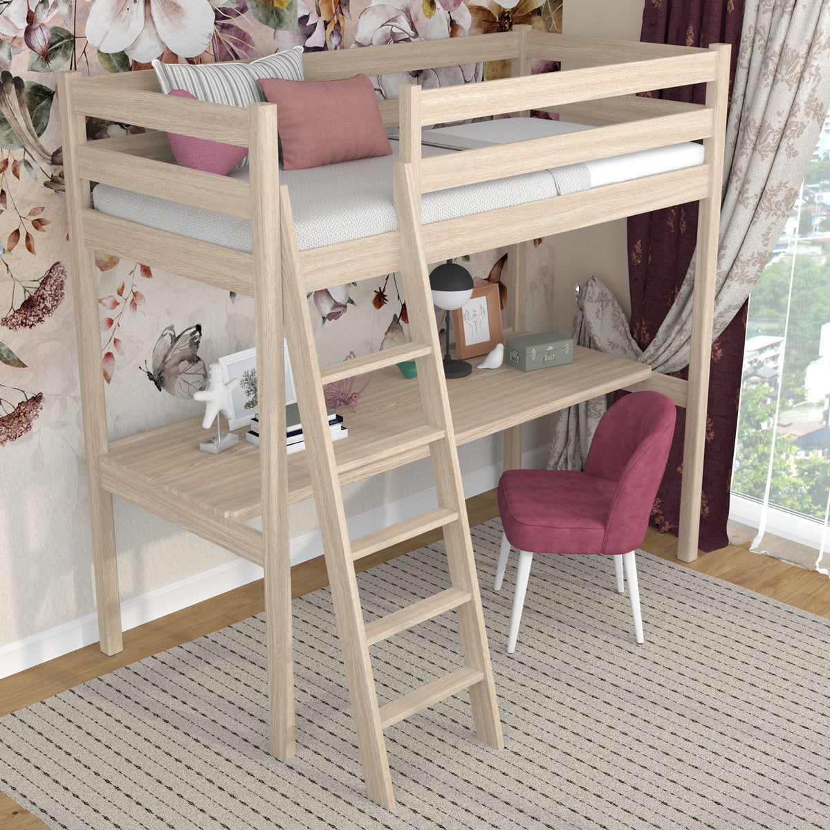 Letto a soppalco quercia sbiancata – scrivania in quercia sotto camera da letto, stanza per bambini scandi