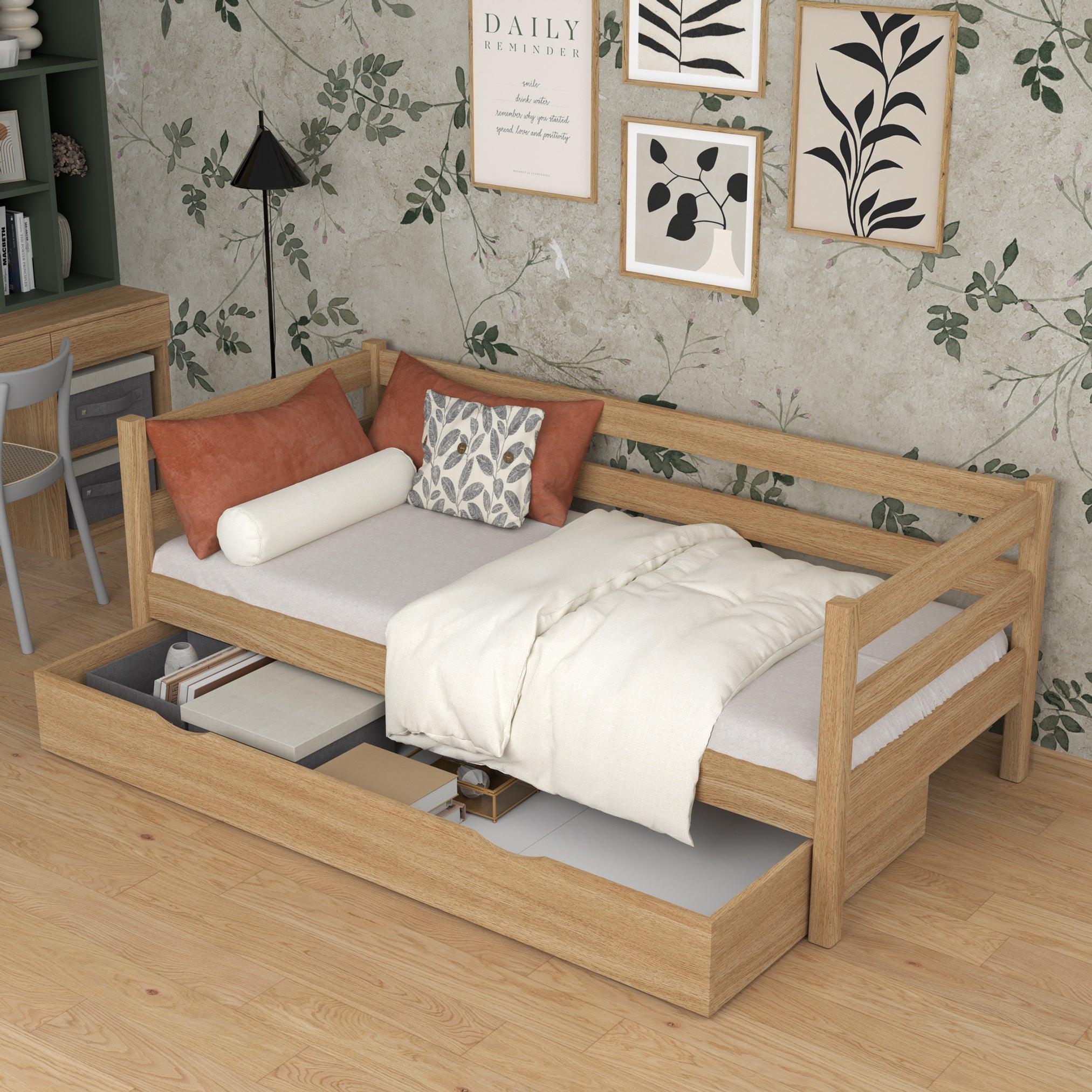 Letto divano quercia naturale con cassetto – capiente vano, in quercia, Nizio