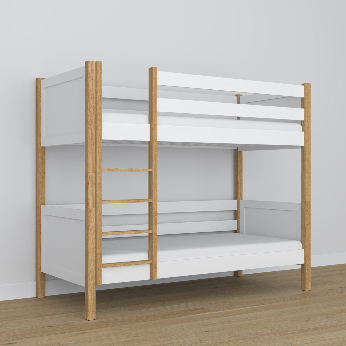White and Oak Wooden Bunk Bed – Two Sleeping Areas in One, Safe Construction