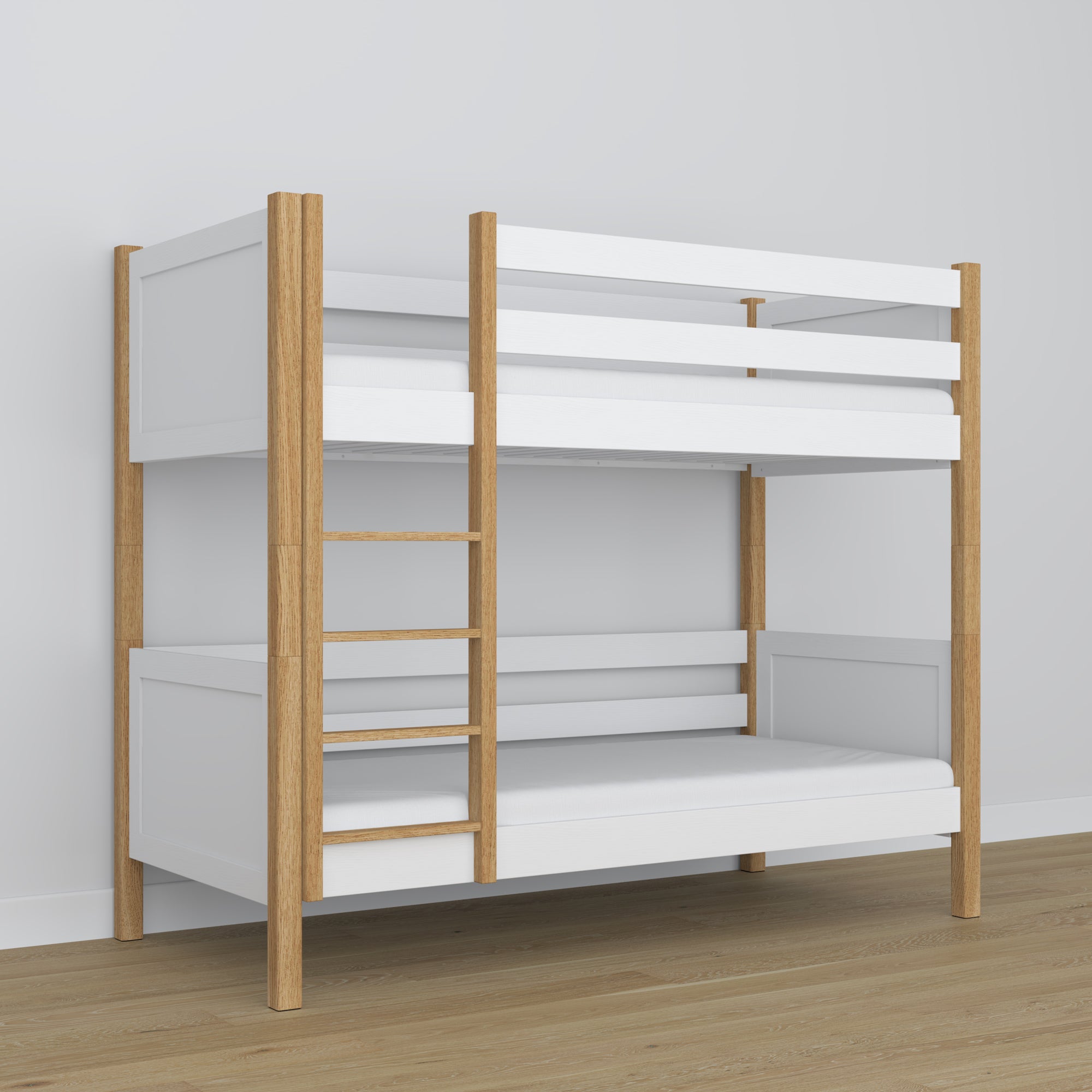 White and Oak Wooden Bunk Bed – Two Sleeping Areas in One, Safe Construction