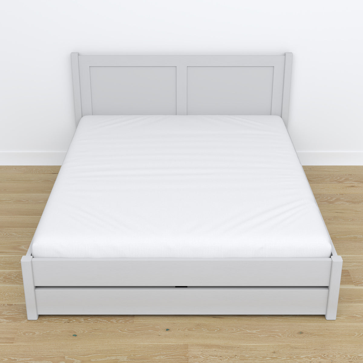 Letto matrimoniale con cassetto in legno grigio – vista diagonale, camera da letto scandi