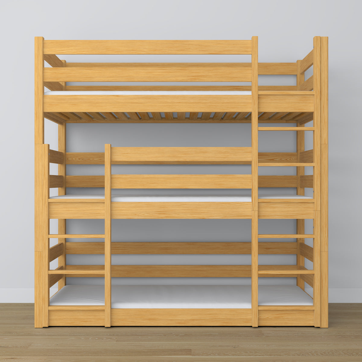 Triple bunk bed natural pine – ladder and safety rails, wooden