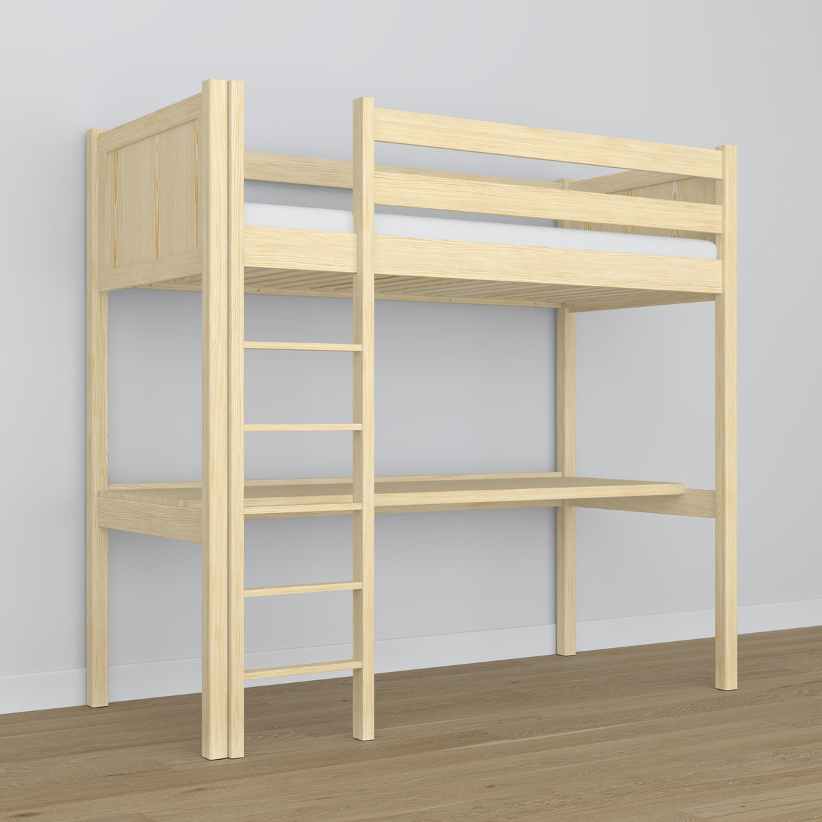 Loft bed clear pine – wooden desk under the sleeping area, scandi children’s room