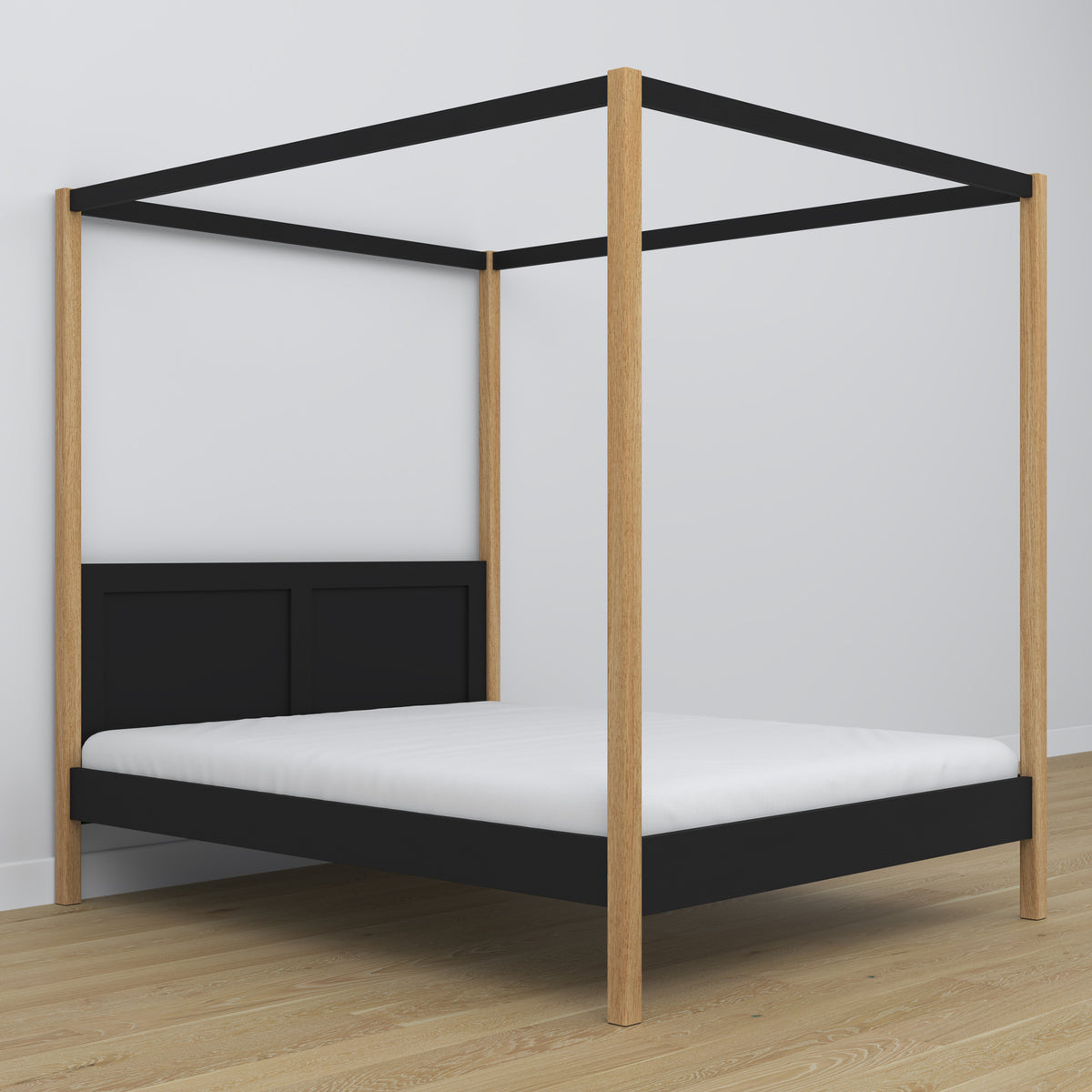 Double bed black and oak with canopy – decorative wooden frame, scandi