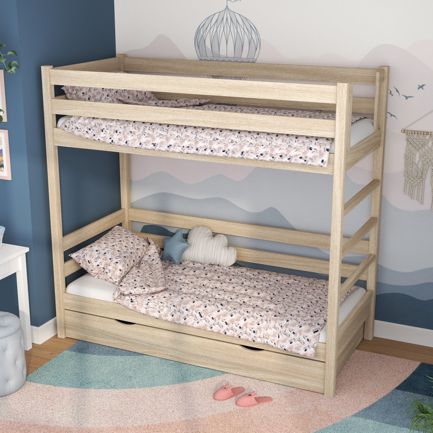 Letto a castello quercia sbiancata per bambini – due della camera da lettoe e cassetto, in quercia