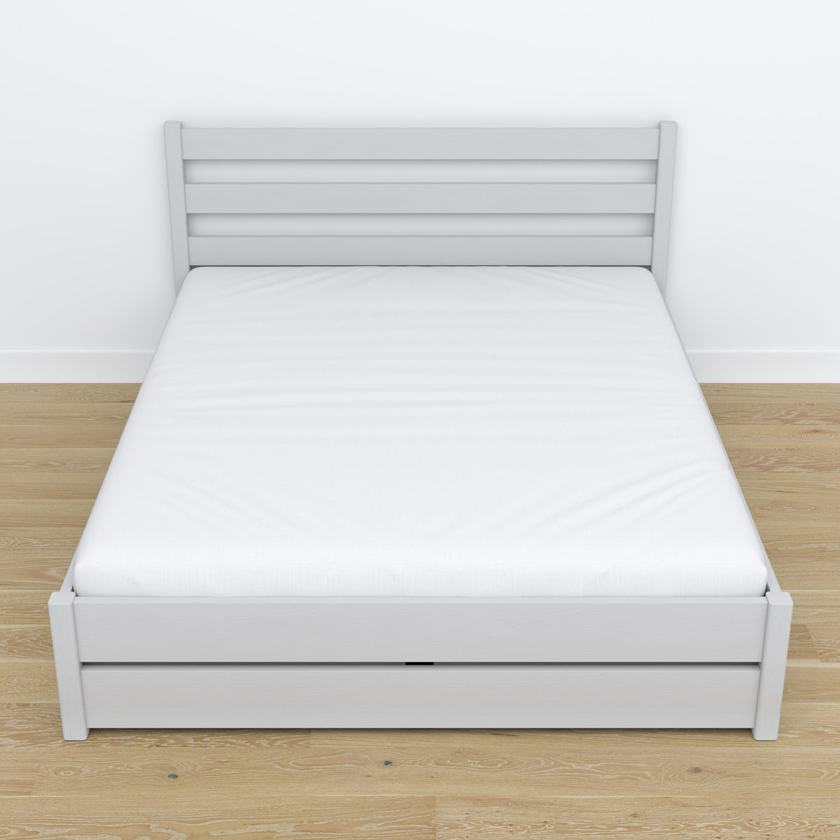 Letto matrimoniale con cassetto in legno grigio – vista diagonale, camera da letto scandi