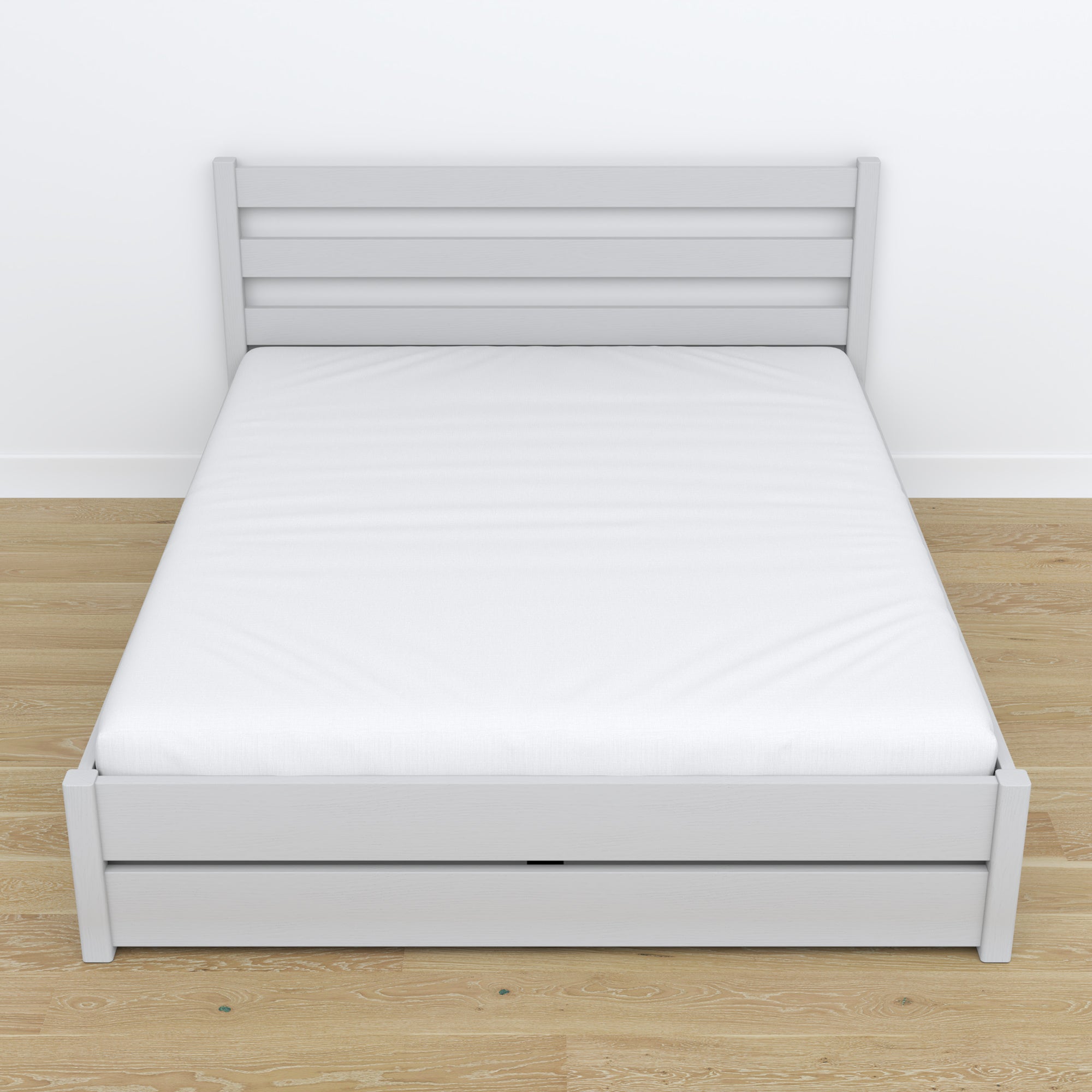 Letto matrimoniale con cassetto in legno grigio – vista diagonale, camera da letto scandi