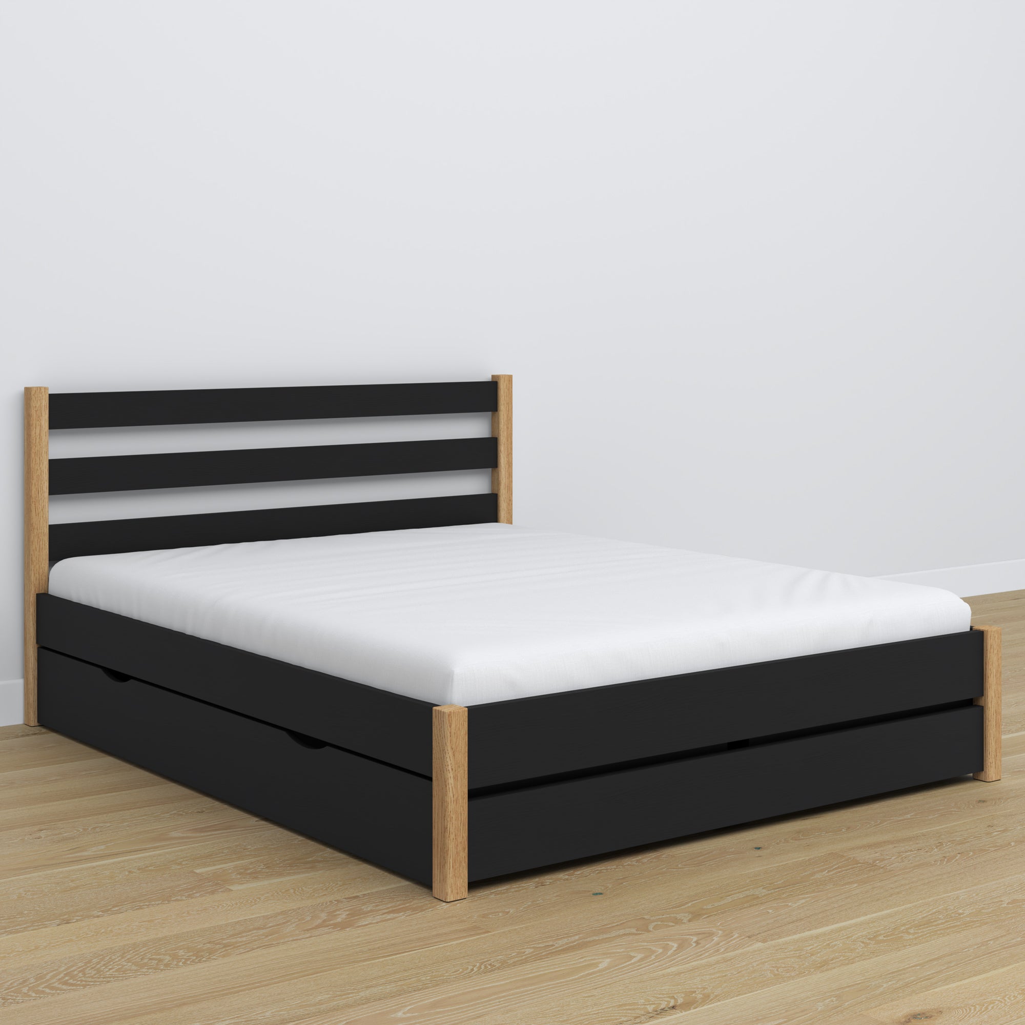 Double bed black with oak made of wood – dimensions and diagram, Nizio Home