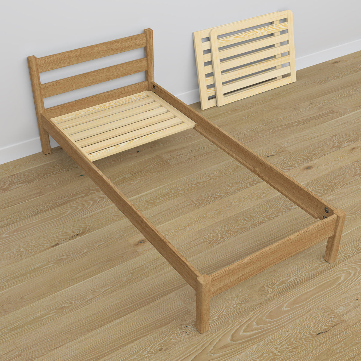 Oak bed with drawer natural oak – headboard, close-up of wood quality