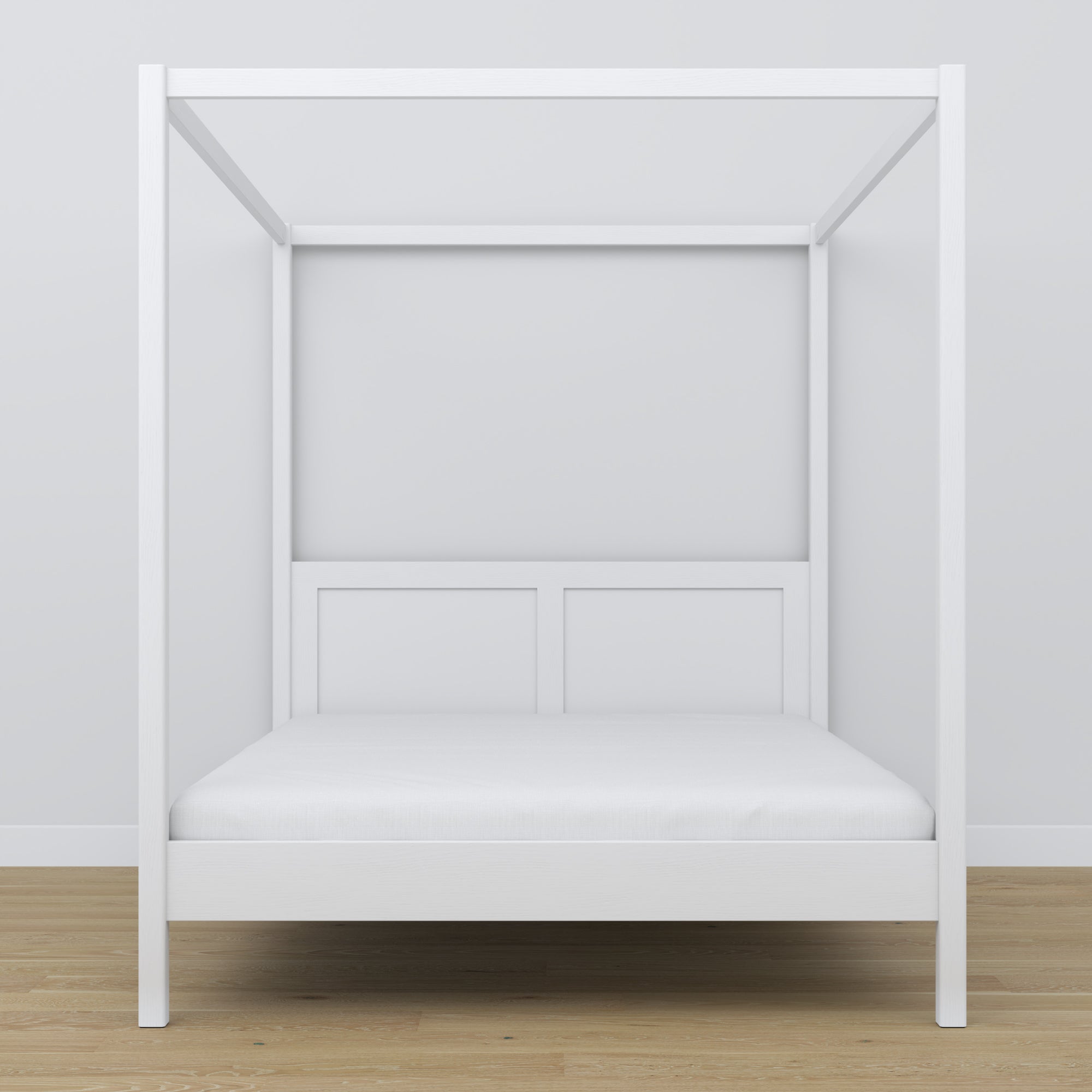 Wooden double bed with canopy white – headboard and frame, close-up
