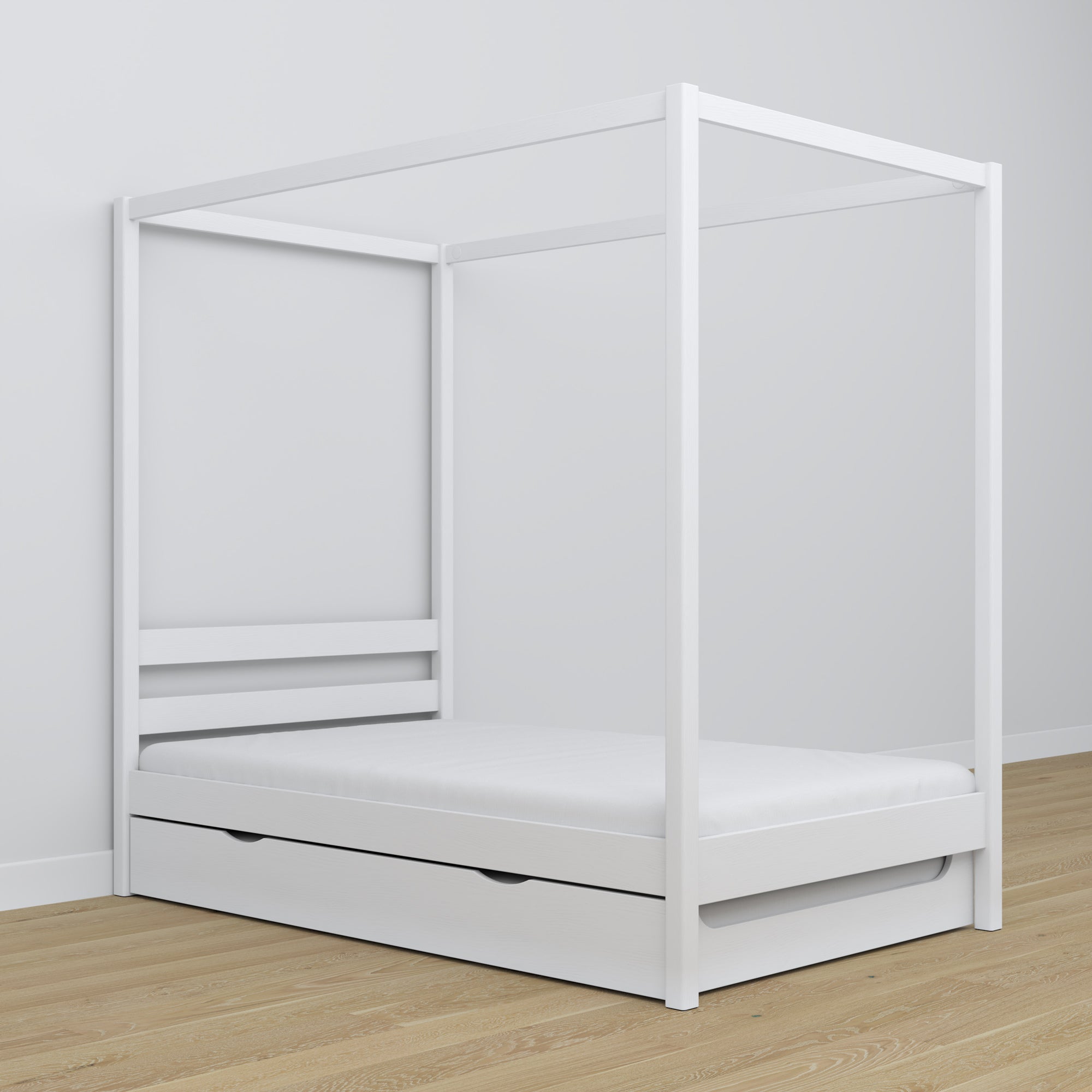 Letto con baldacchino in legno bianco – allestimento nella cameretta dei bambini scandi