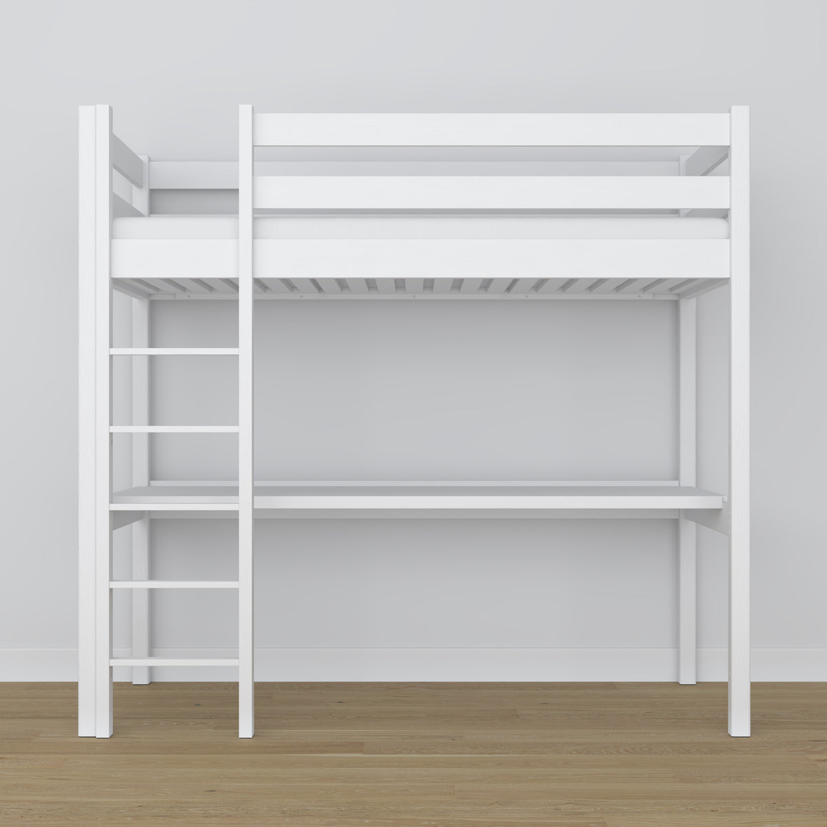 Letto a soppalco in legno bianco con scrivania – struttura e doghe, Nizio