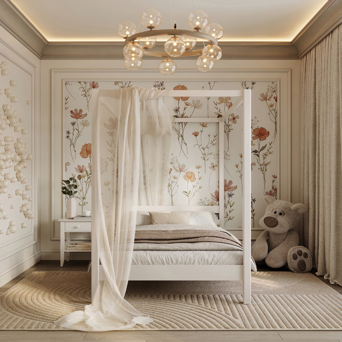 Canopy Bed White – Decorative Wooden Frame, Safe for Children