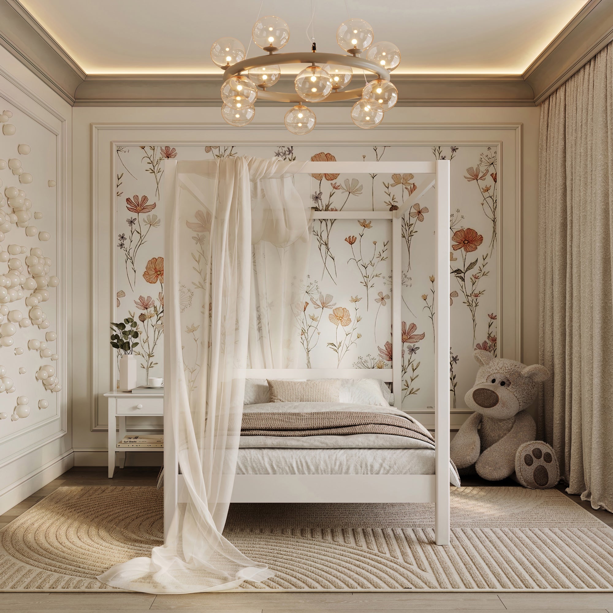 Canopy Bed White – Decorative Wooden Frame, Safe for Children