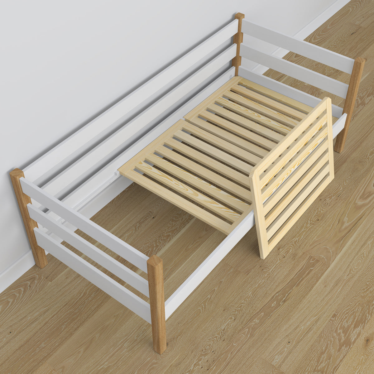 Letto divano con cassetto per materasso bianco-quercia in legno – dimensioni, Nizio
