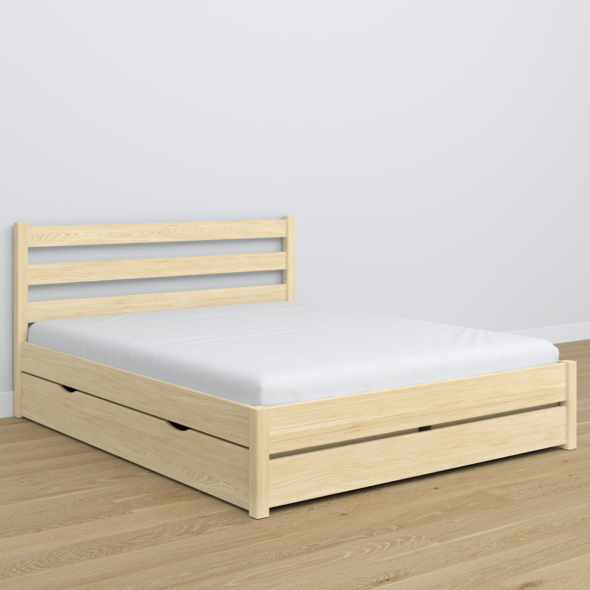 Double bed clear pine with drawer – wooden headboard, close-up
