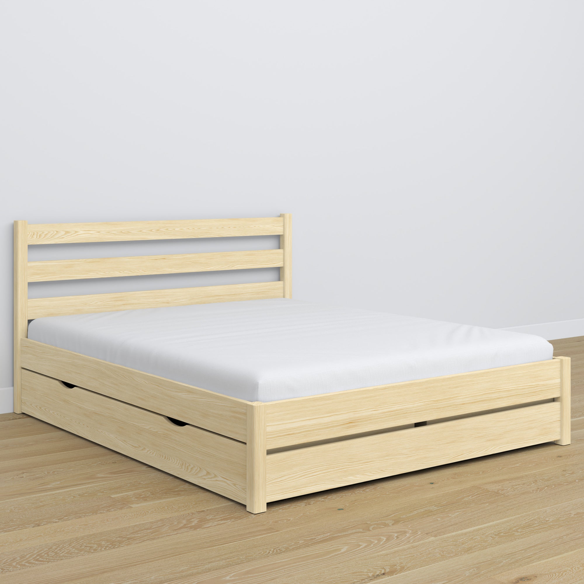 Double bed clear pine with drawer – wooden headboard, close-up