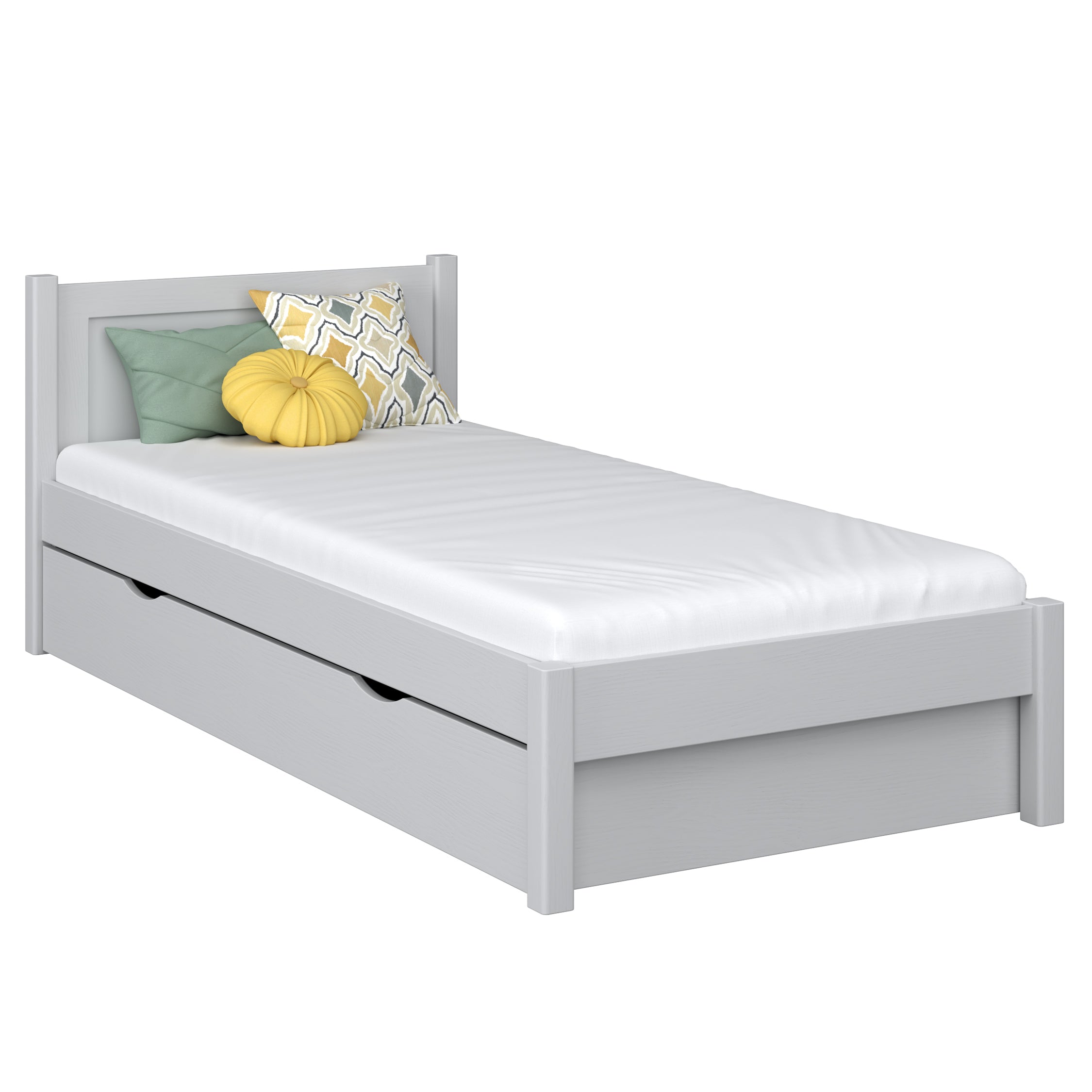 Letto con cassetto in legno grigio – cassetto aperto, ambiente del vano