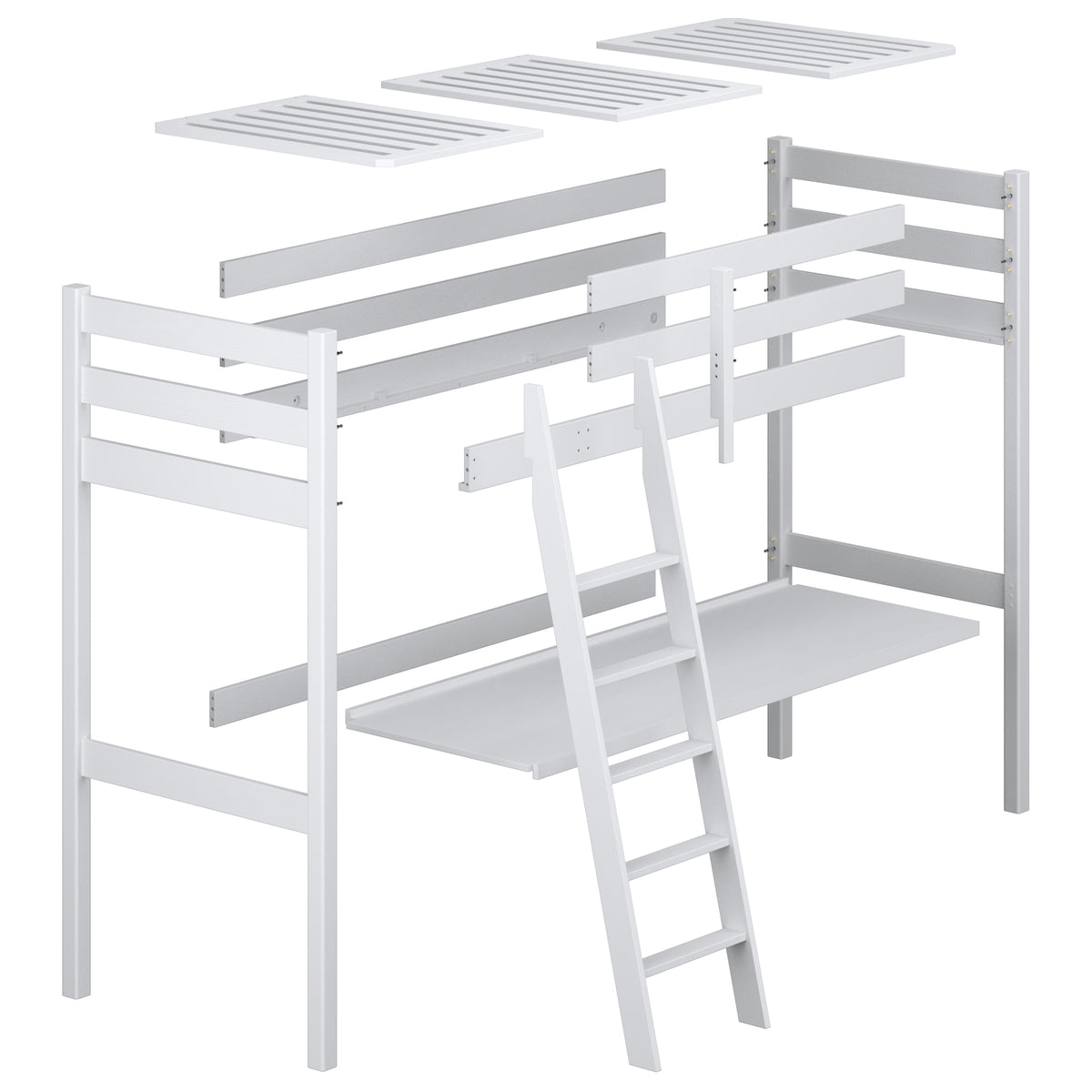 Loft bed clear pine with desk – tabletop and wooden joints, close-up