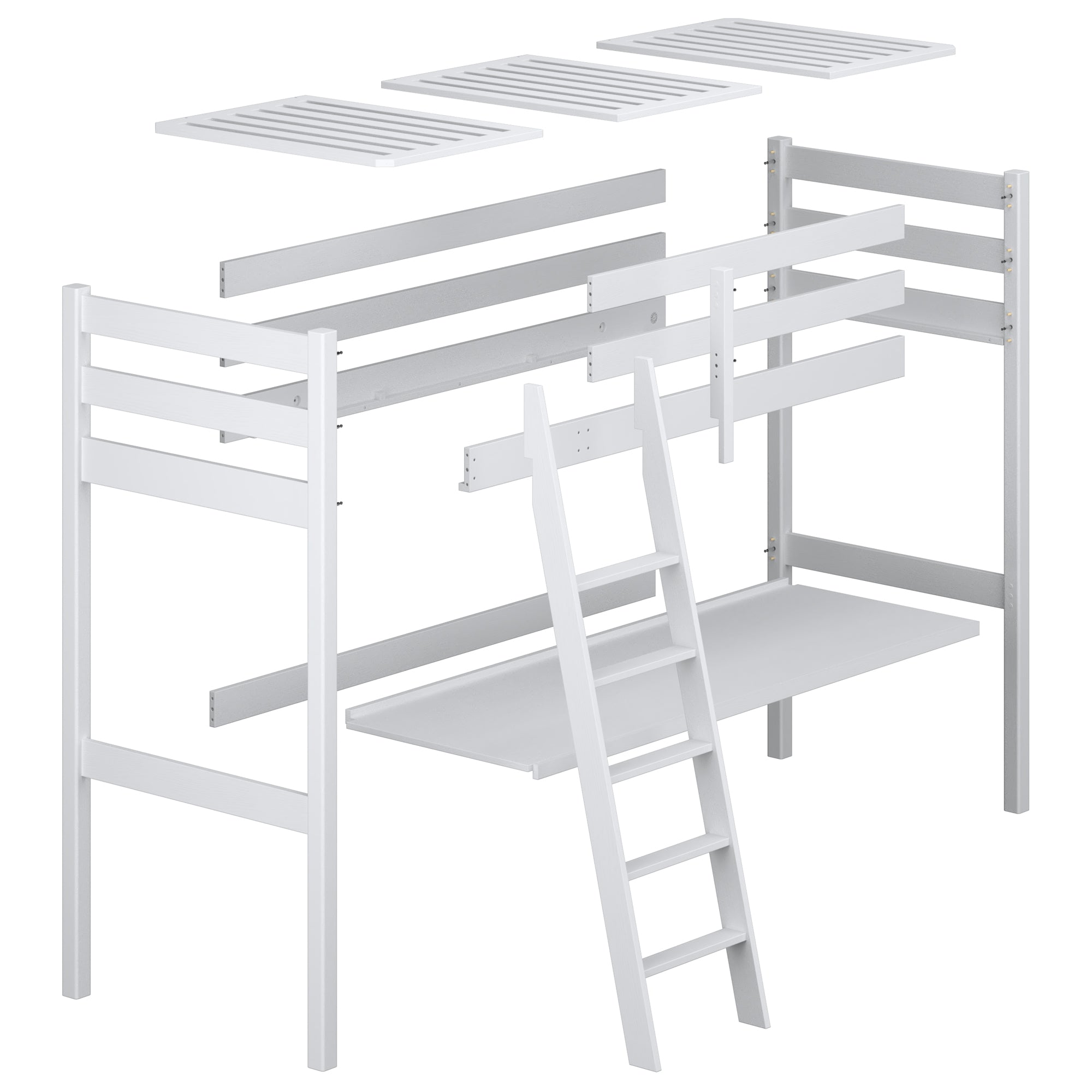 Loft bed clear pine with desk – tabletop and wooden joints, close-up