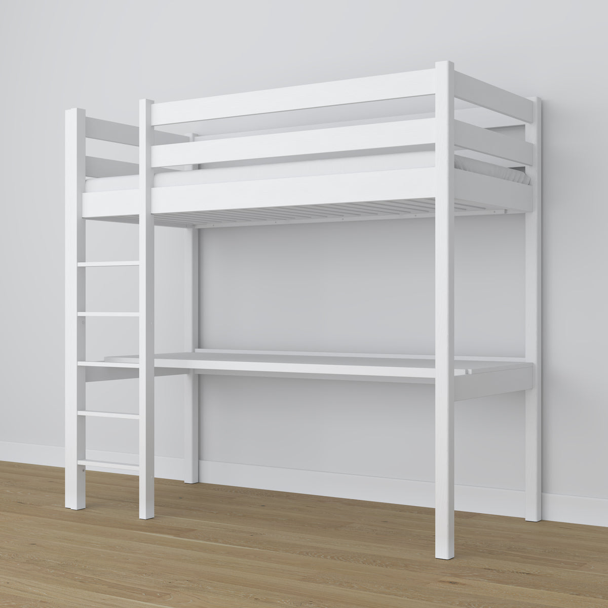 Letto a soppalco con scrivania in legno bianco – dettaglio giunzioni e scala
