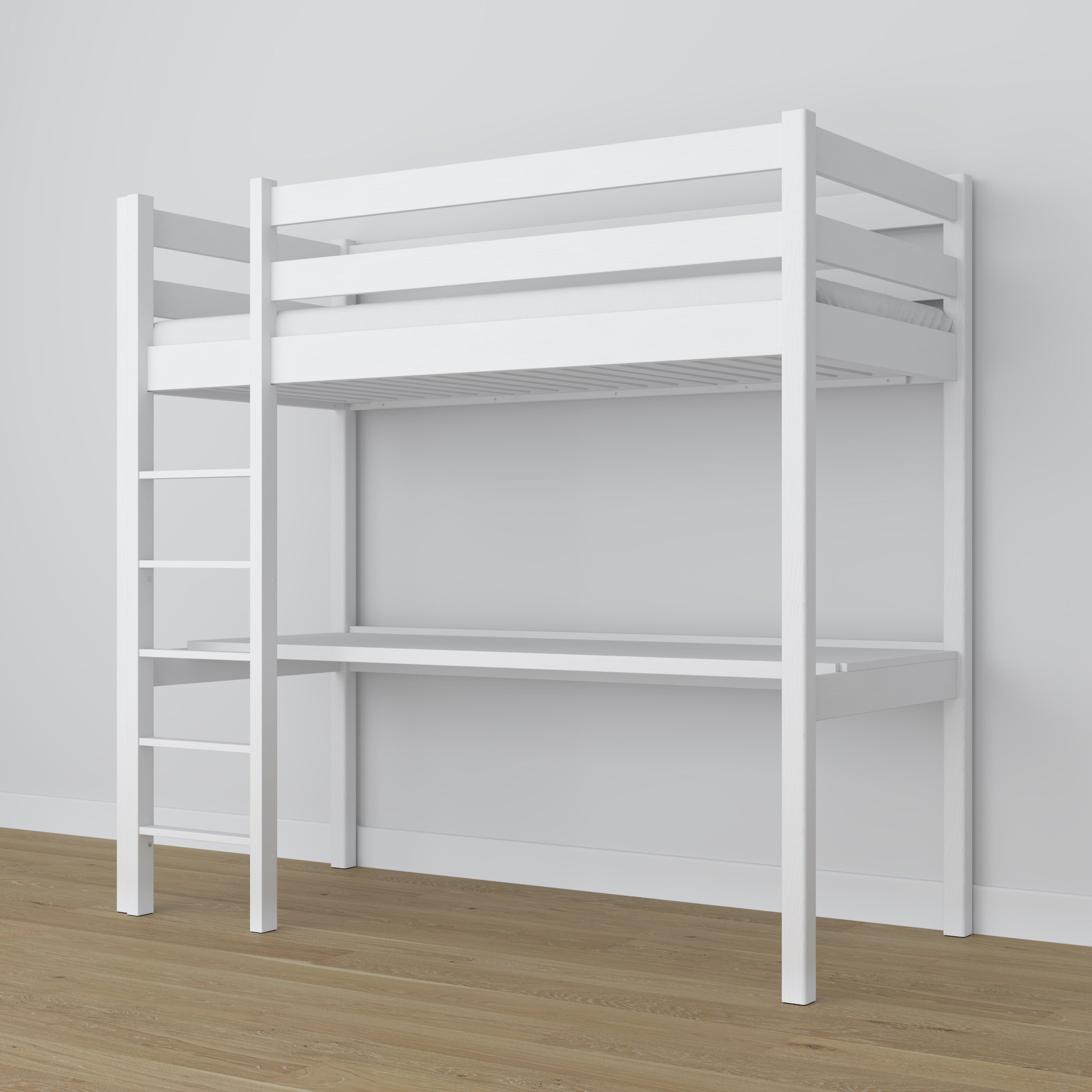 Letto a soppalco con scrivania in legno bianco – dettaglio giunzioni e scala
