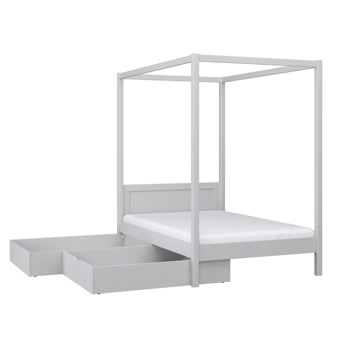 Letto grigio con baldacchino e cassetto – vista laterale, in legno