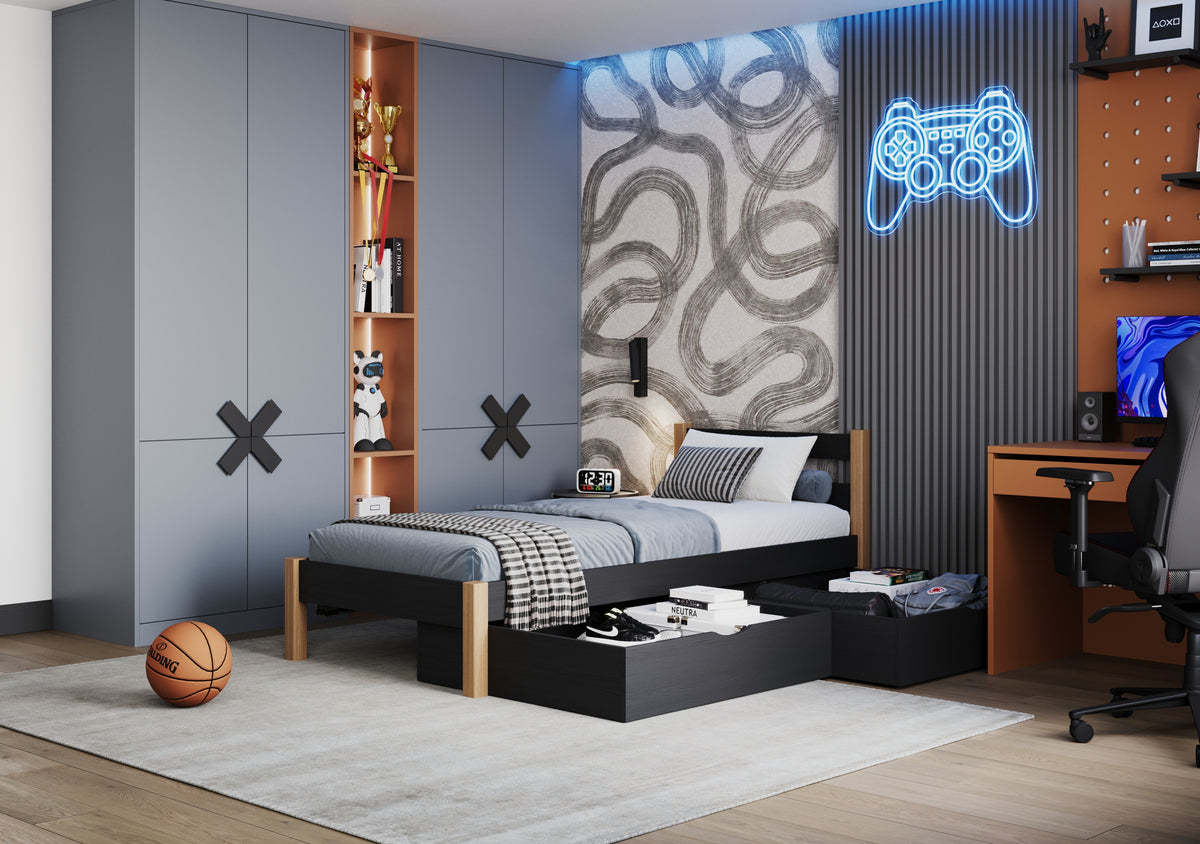 Black and Oak Bed with Drawer – Wooden Runners and Details, Nizio