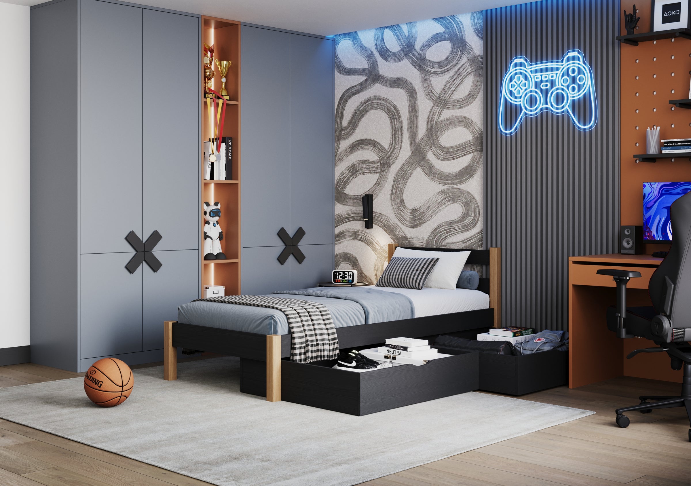 Black and Oak Bed with Drawer – Wooden Runners and Details, Nizio