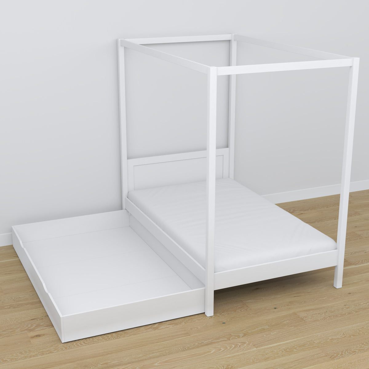 Wooden canopy bed white – decorative frame, child’s room