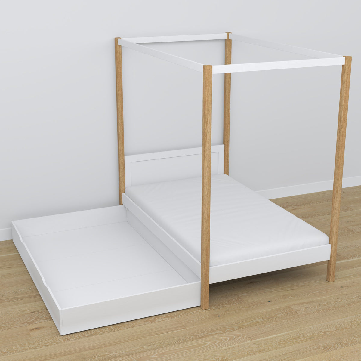 Letto con baldacchino in legno bianco-quercia – cornice decorativa, stanza per bambini