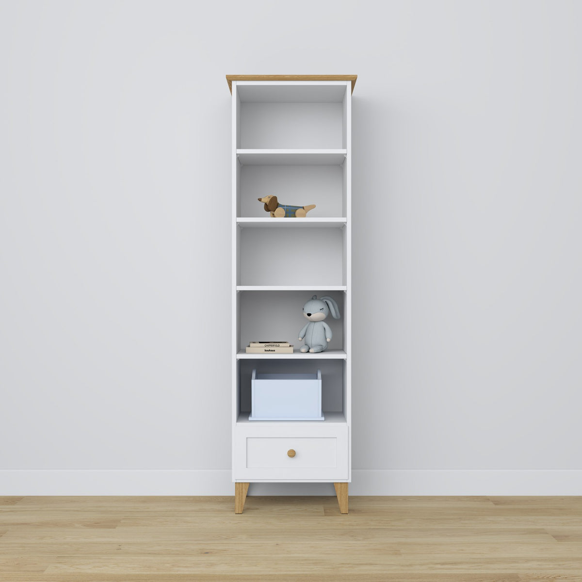 Bookcase with drawer wooden white with oak 57 cm – living room and office, Scandinavian style