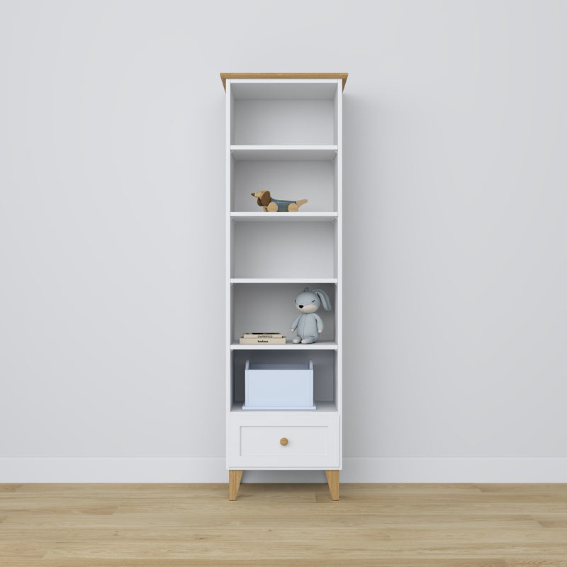 Bookcase with drawer wooden white with oak 57 cm – living room and office, Scandinavian style