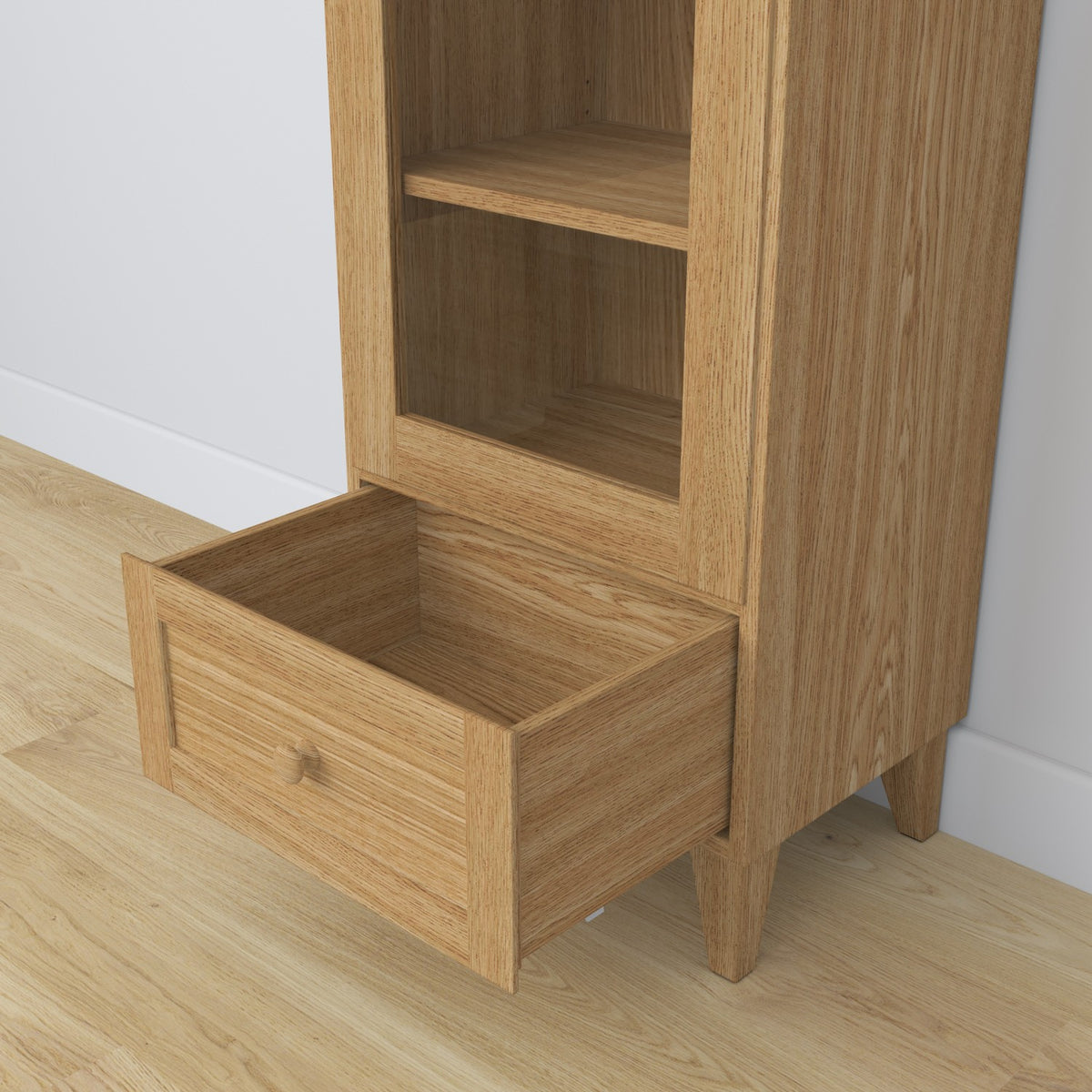 Display cabinet 1S 57 natural oak – glass door hinges, oak, close-up