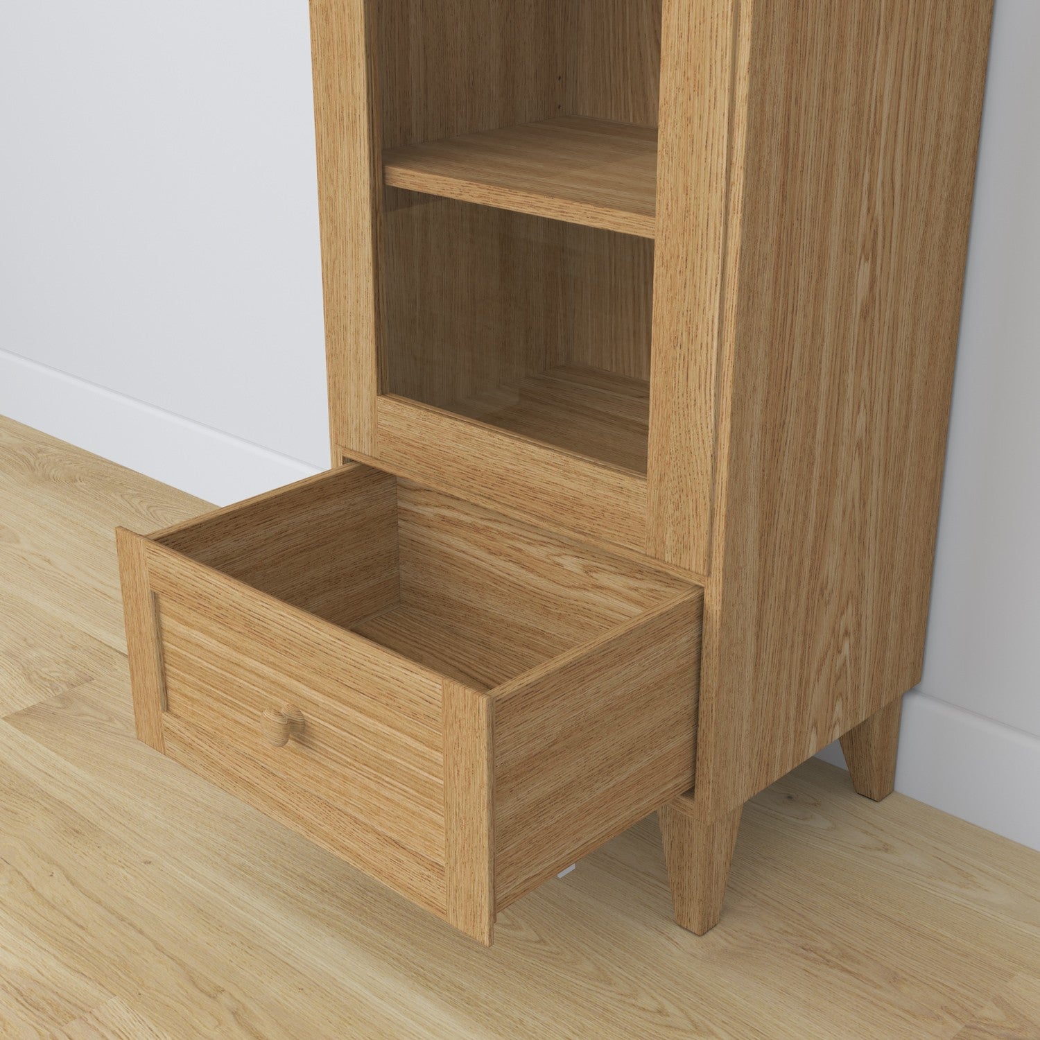 Display cabinet 1S 57 natural oak – glass door hinges, oak, close-up