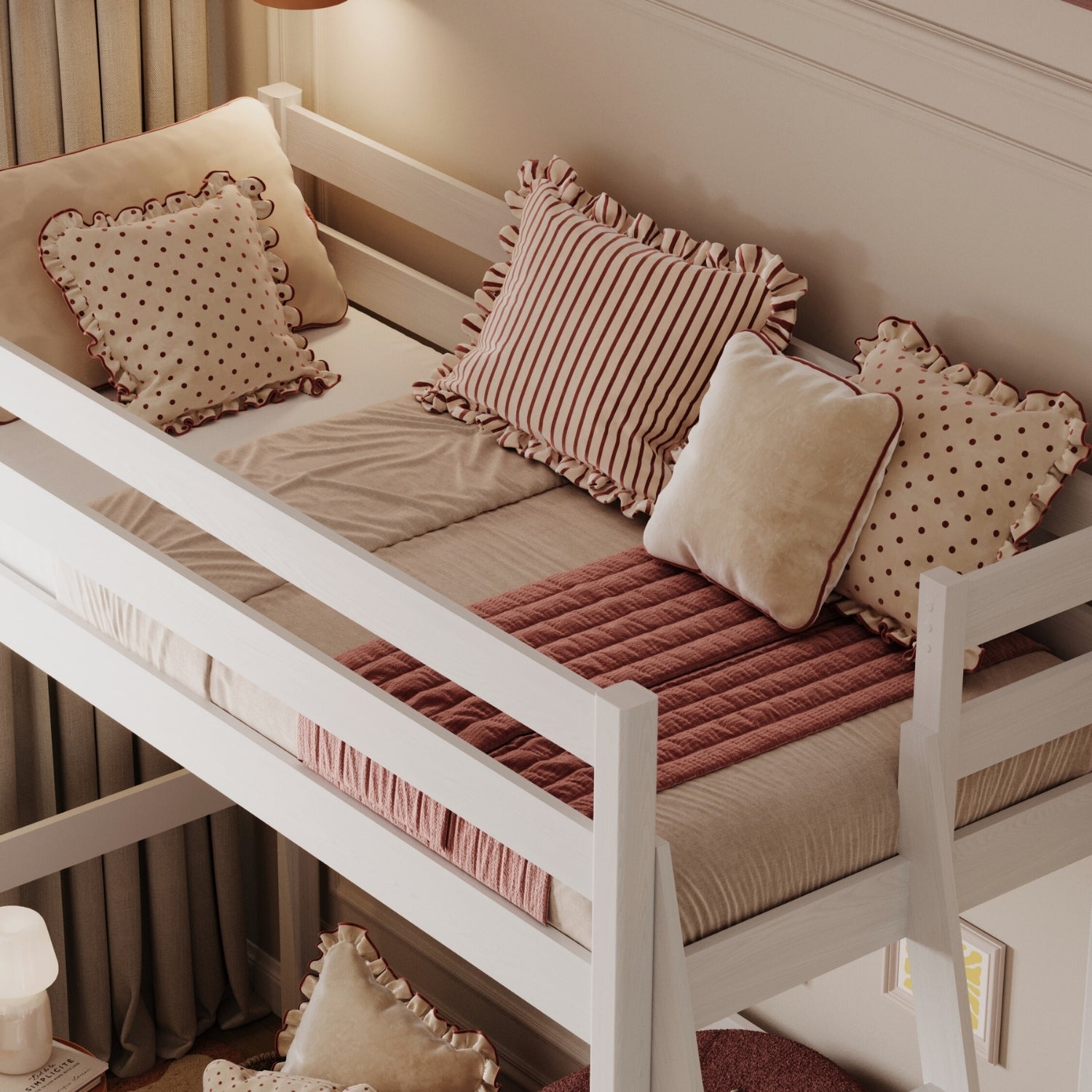 Letto a soppalco bianco in nella cameretta dei bambini – allestimento scandi, in legno