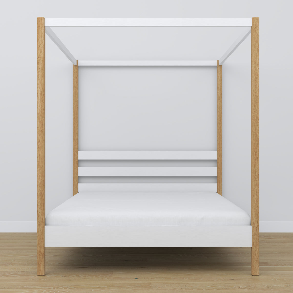 Letto matrimoniale con baldacchino in legno bianco-quercia – testiera e cornice, dettaglio