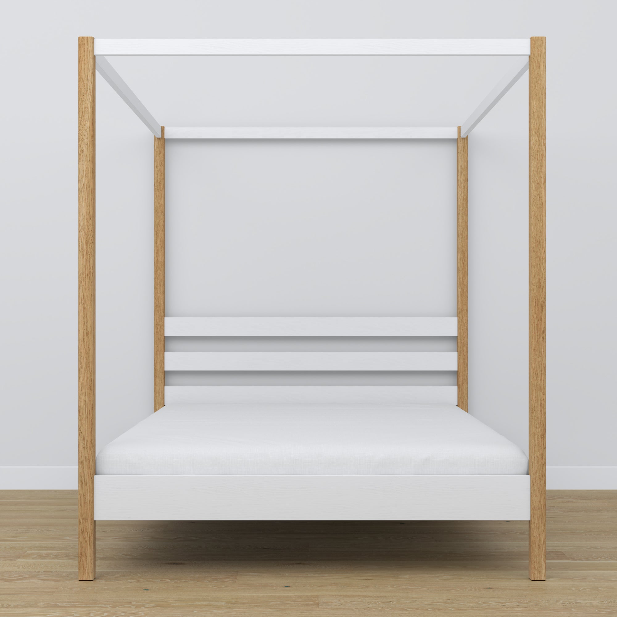 Letto matrimoniale con baldacchino in legno bianco-quercia – testiera e cornice, dettaglio
