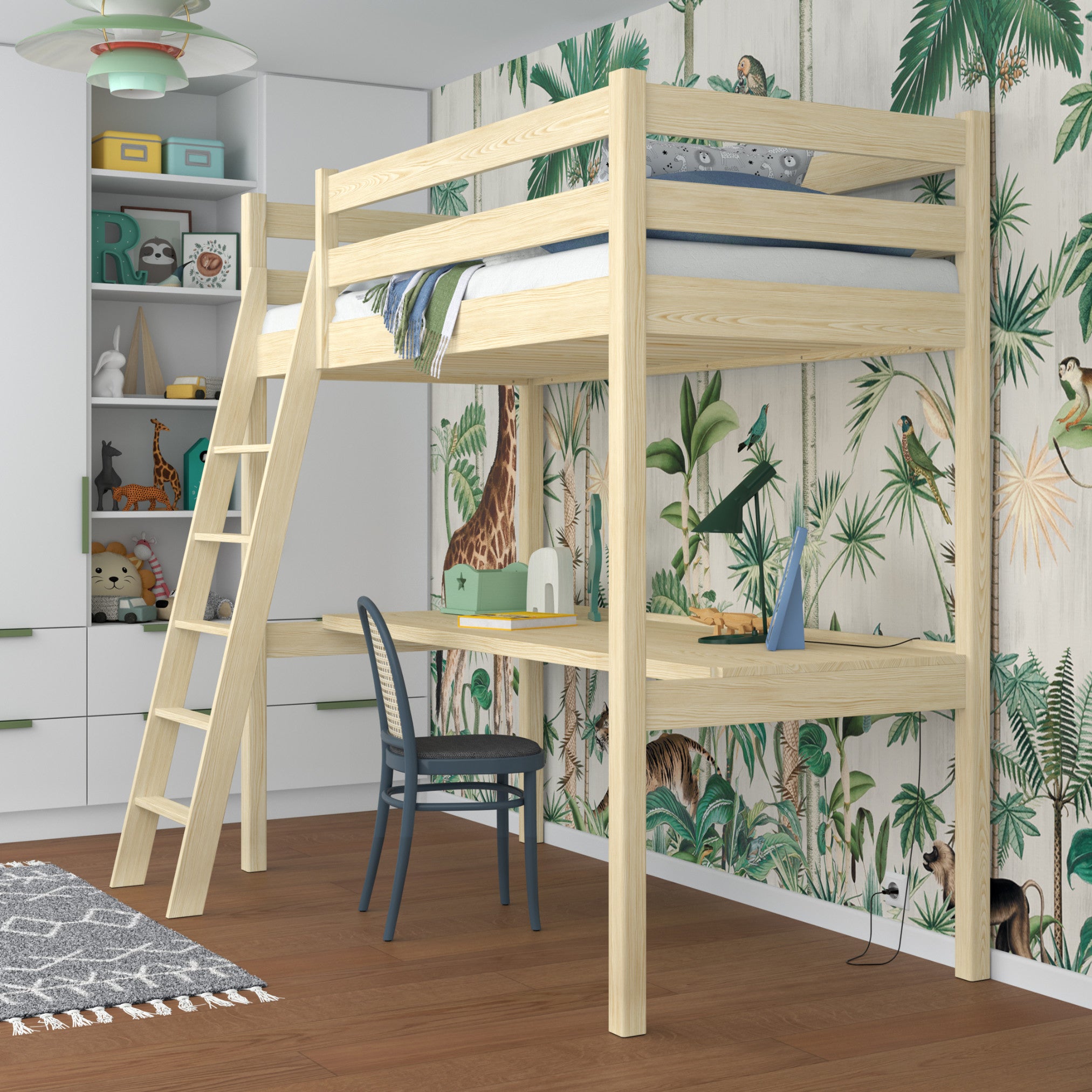 Clear Pine Wooden Loft Bed with Desk – Ladder and Safety Rail