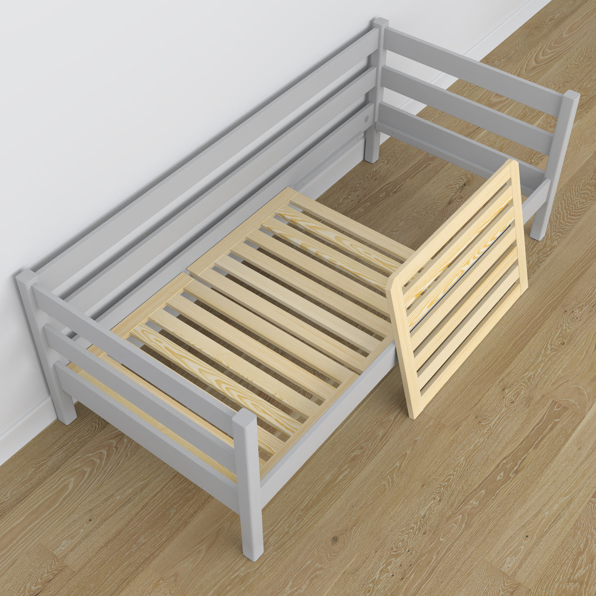 Łóżko sofa z szufladą na materac popielaty z drewna – wymiary, Nizio