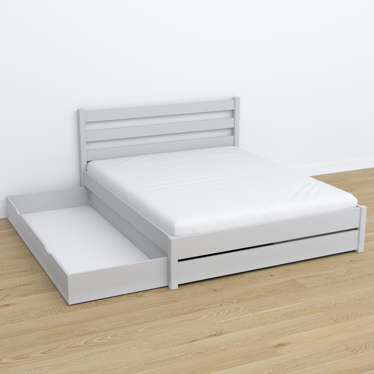 Letto matrimoniale con cassetto in legno grigio – cassetto aperto, capiente ambiente